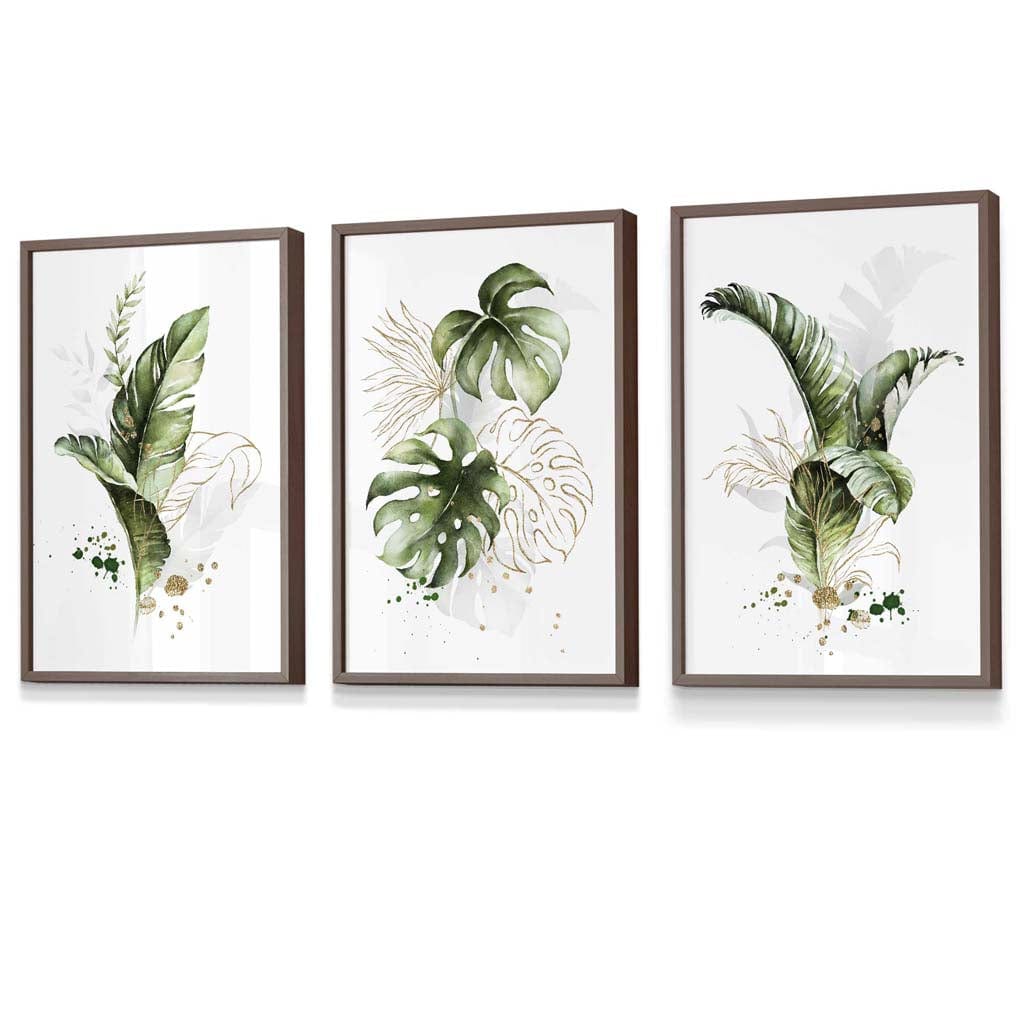 Botanical set of 3 green and gold flower wall art prints in frames | Bowlift
