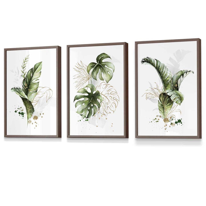 Botanical set of 3 green and gold flower wall art prints in frames | Bowlift