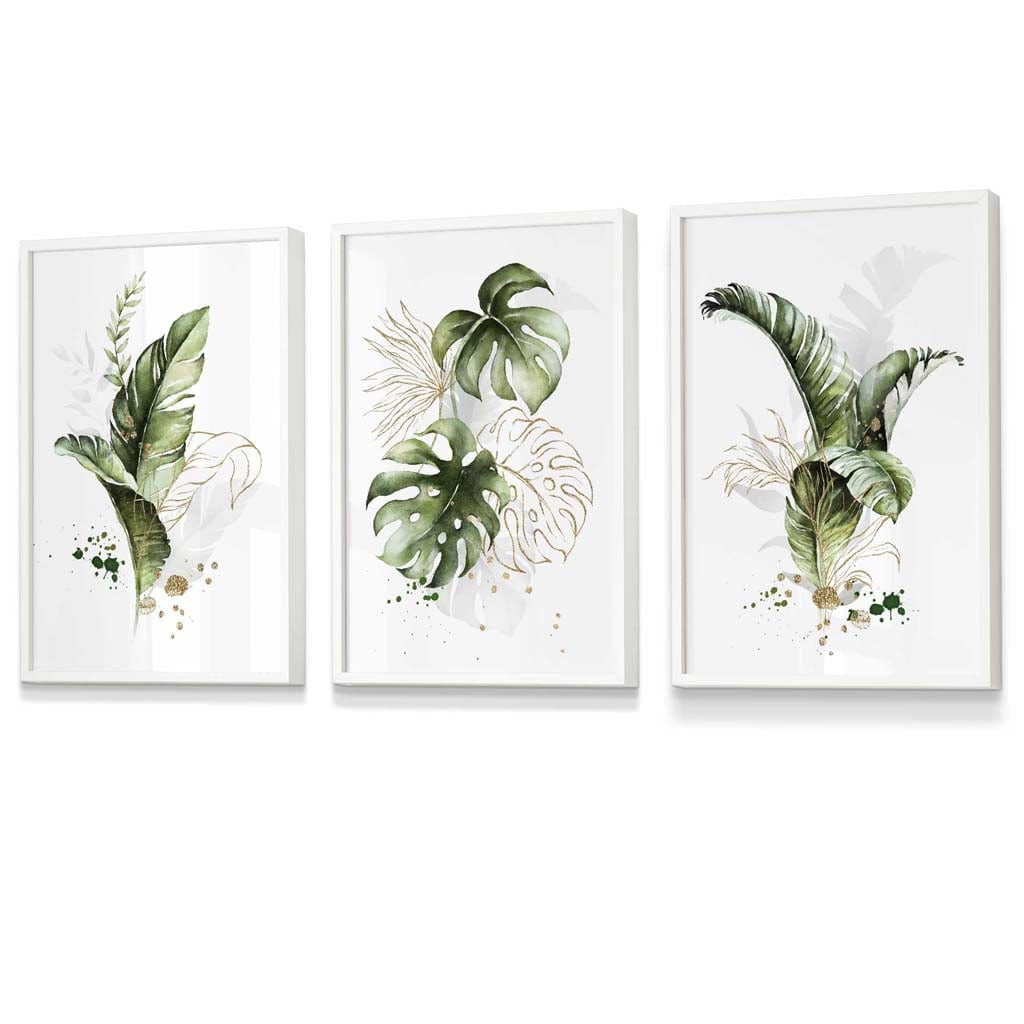 Botanical set of 3 green and gold flower wall art prints in frames | Bowlift