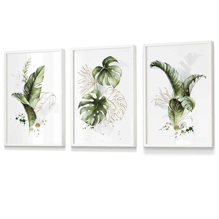 Botanical set of 3 green and gold flower wall art prints in frames | Bowlift