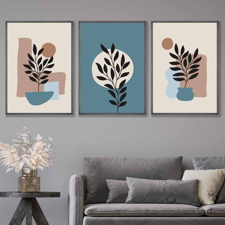 Botanical Set of 3 Boho Framed Wall Art Prints in Blue | Cream | Bowlift