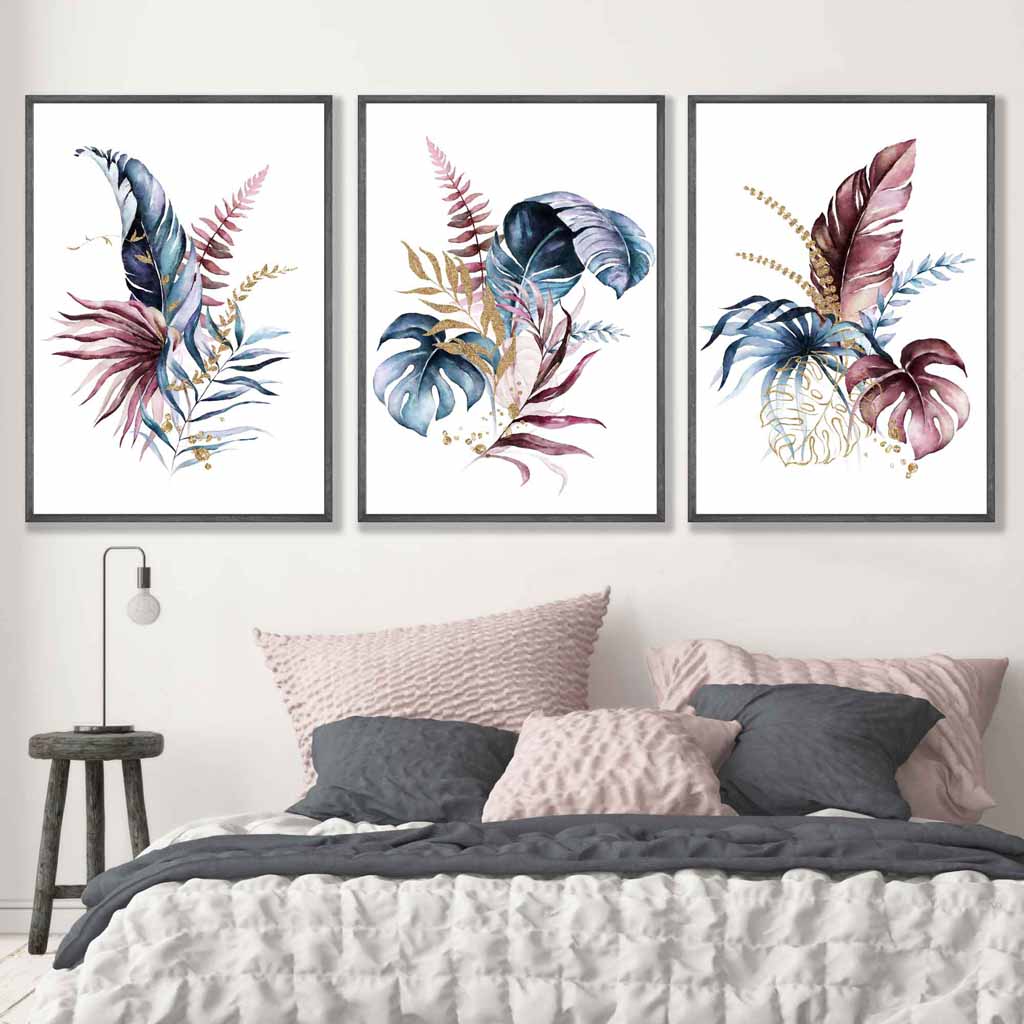 Botanical set of 3 pink and blue floral wall art prints | Bowlift