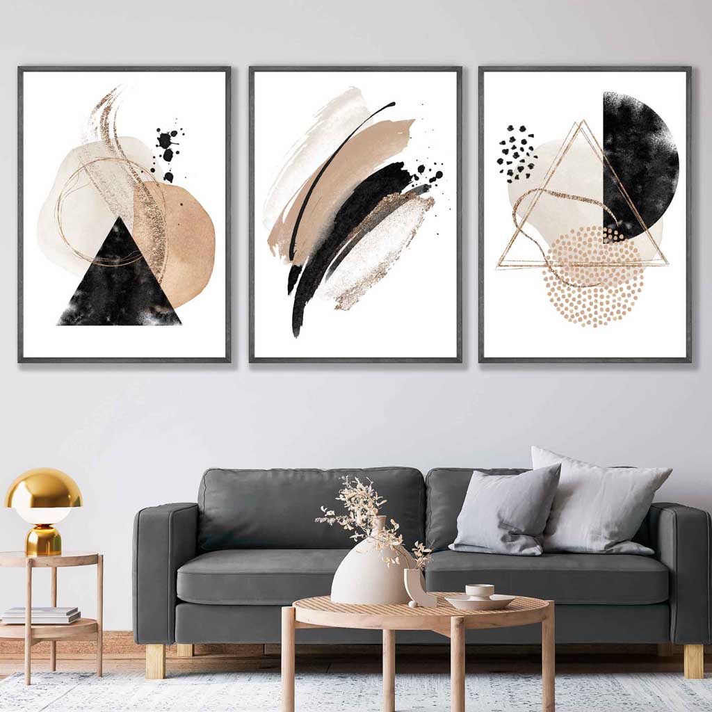 Abstract Black Beige Set of 3 Watercolor Shapes Framed Wall Art | Bowlift