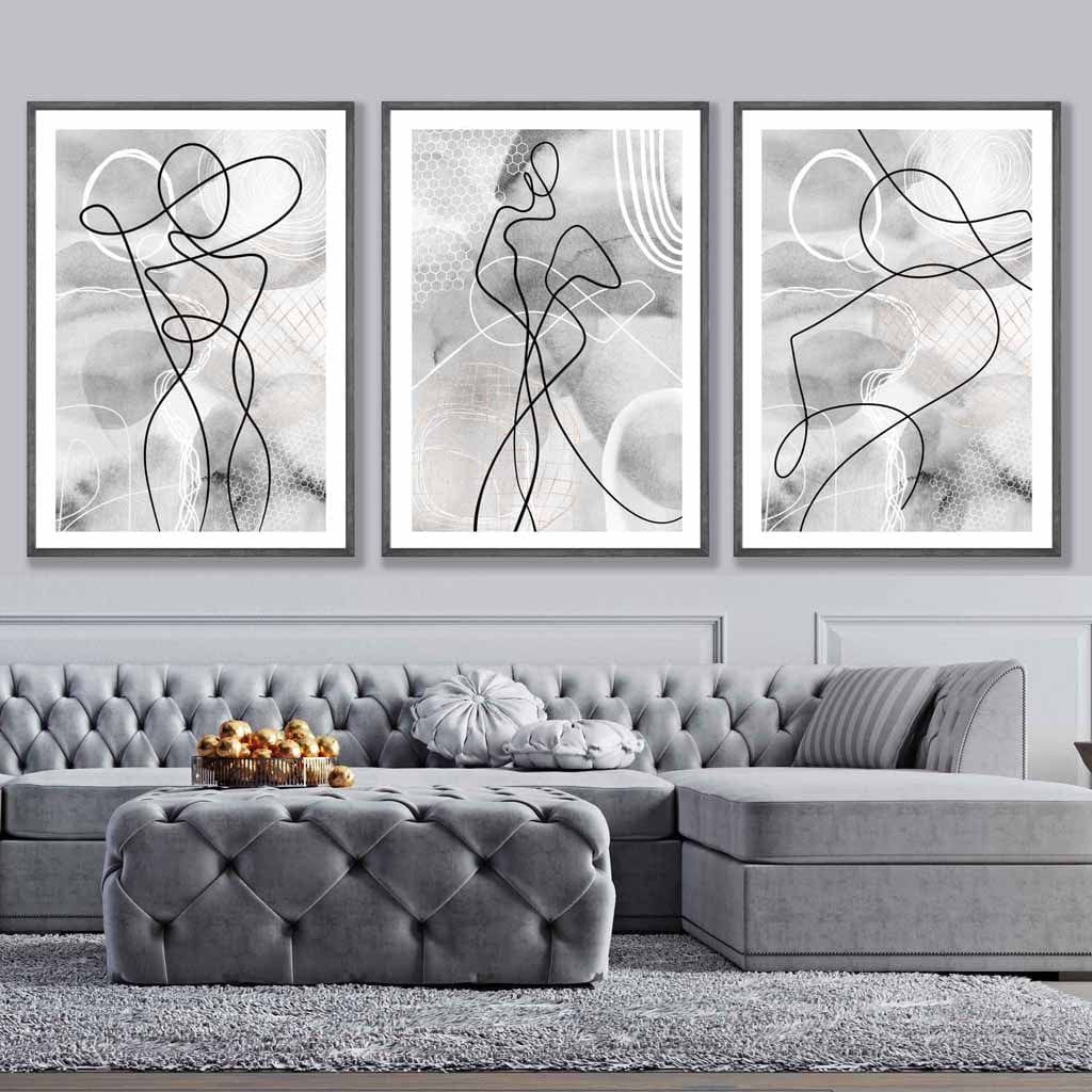 Abstract Set of 3 Fashion Line Art Wall Prints in Black & Gray | Bowlift