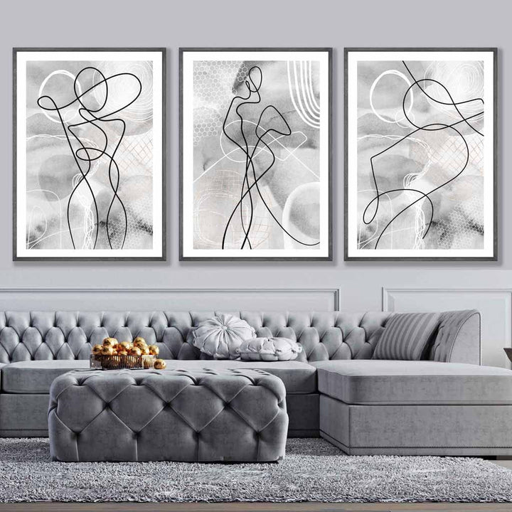Abstract Set of 3 Fashion Line Art Wall Prints in Black & Gray | Bowlift