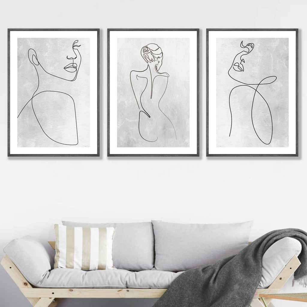 Abstract Line Art Woman Gray Wall Art Set of 3 Framed Prints | Bowlift