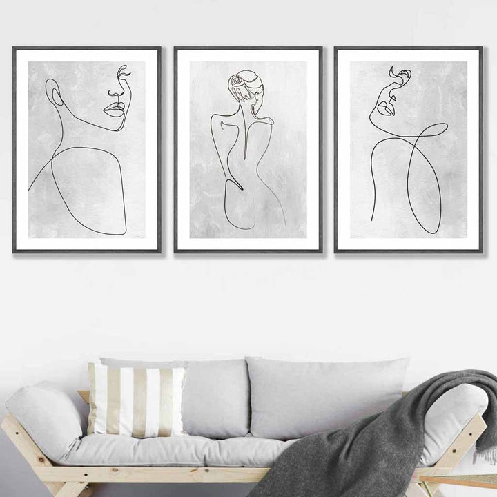 Abstract Line Art Woman Gray Wall Art Set of 3 Framed Prints | Bowlift