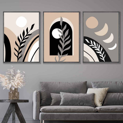 Boho Abstract Set of 3 Wall Art Prints in Black Beige and Gray | Bowlift