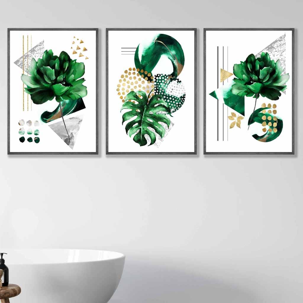 Abstract Green Gold Flower Set of 3 Framed Wall Pictures | Bowlift