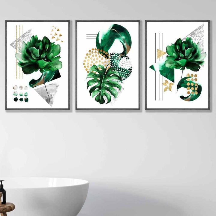 Abstract Green Gold Flower Set of 3 Framed Wall Pictures | Bowlift