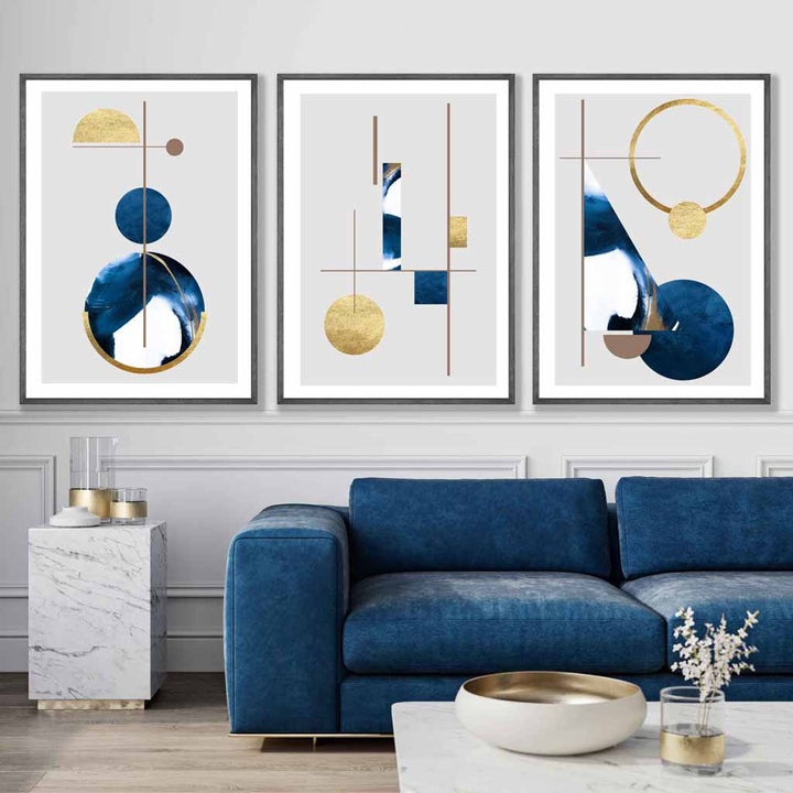 Abstract set of 3 textured geometric art wall art prints in navy blue and gold | Bowlift