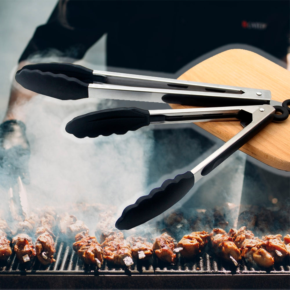 Silicone and stainless steel grill tongs - 23/30 cm - White / Black | Bowlift