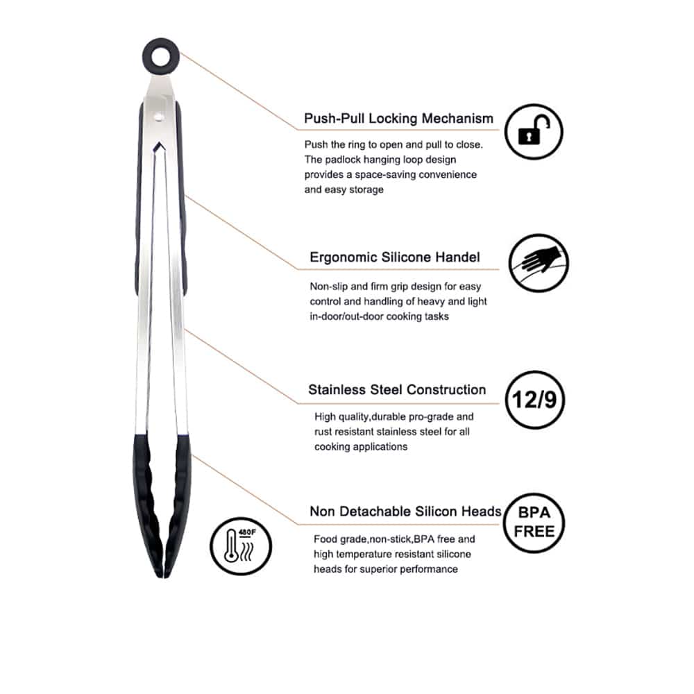 Silicone and stainless steel grill tongs - 23/30 cm - White / Black | Bowlift