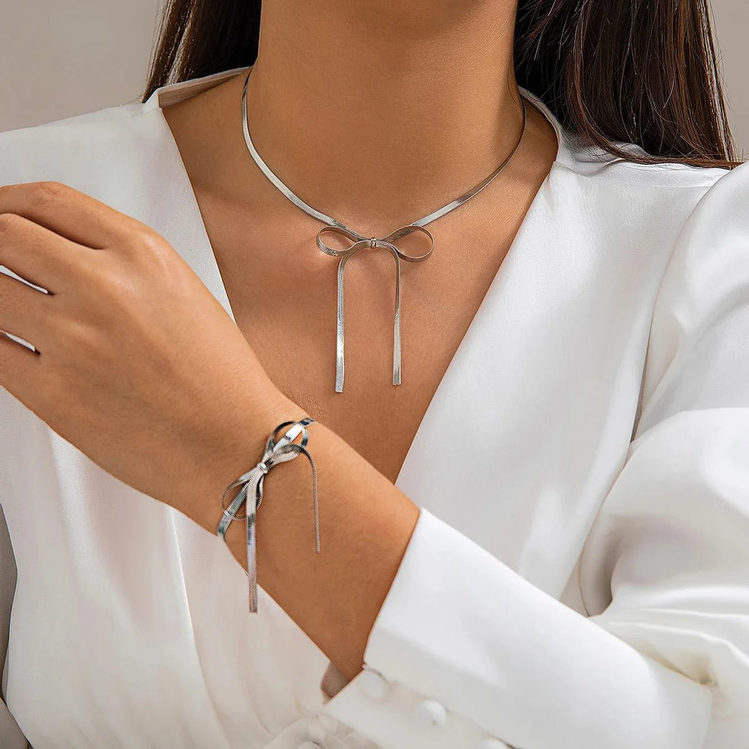 BowLift | Herringbone Chain Bow Necklace and Bracelet Set