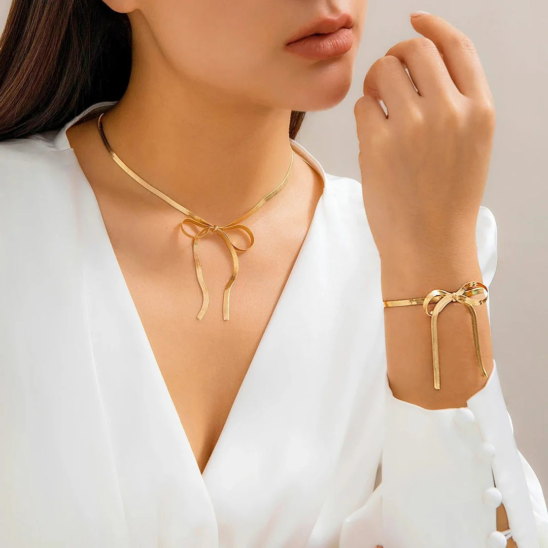 BowLift | Herringbone Chain Bow Necklace and Bracelet Set