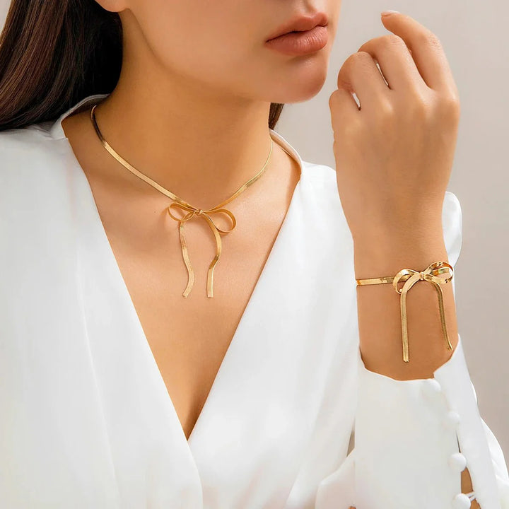 BowLift | Herringbone Chain Bow Necklace and Bracelet Set