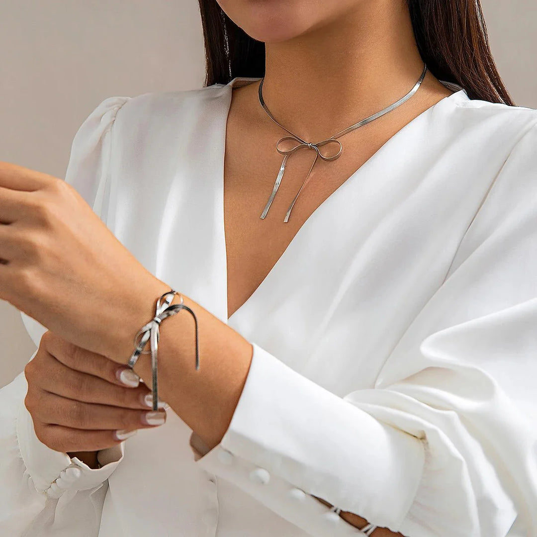 BowLift | Herringbone Chain Bow Necklace and Bracelet Set