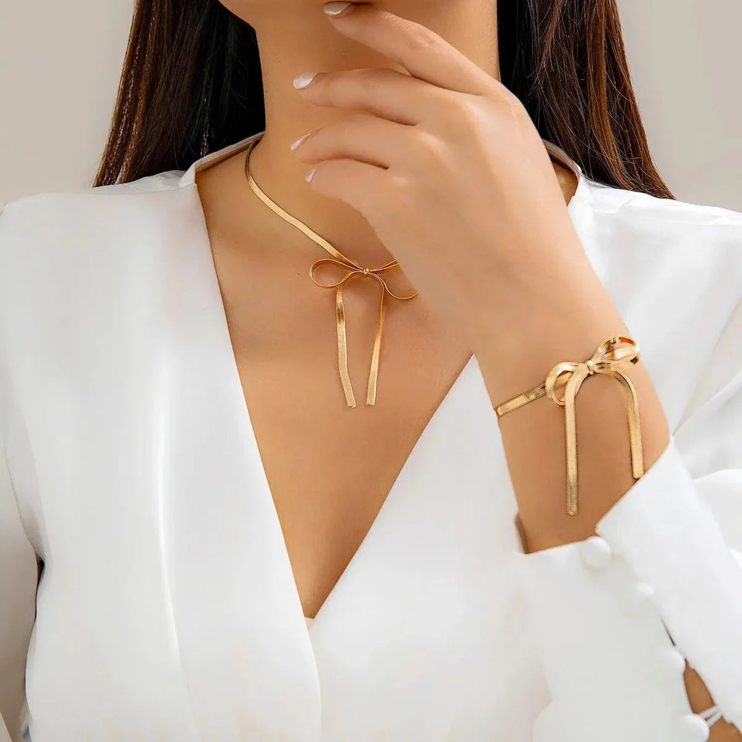 BowLift | Herringbone Chain Bow Necklace and Bracelet Set