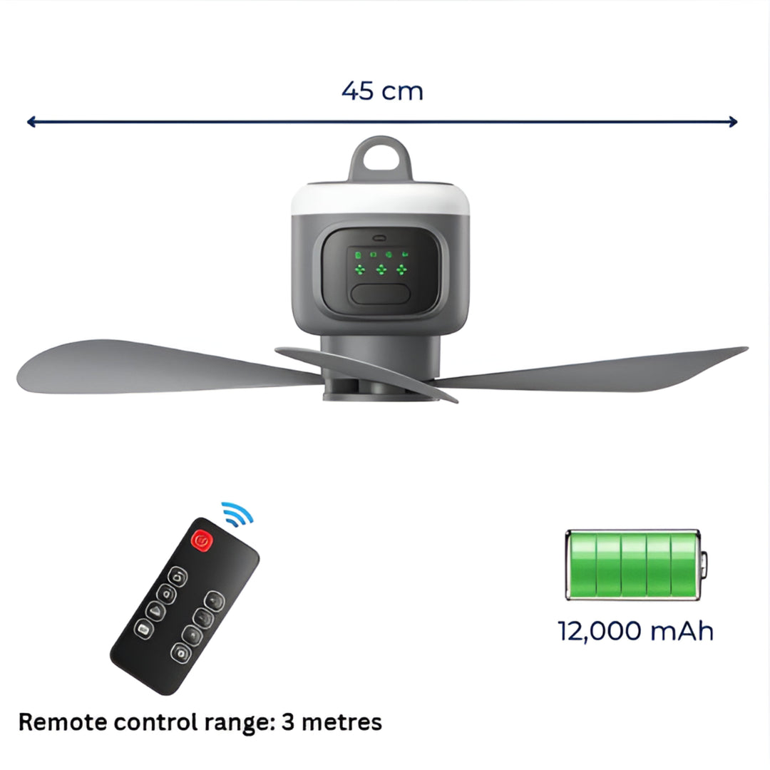Control Ceiling Fan with Light – Battery-Powered 30h – Quiet Cooling Comfort – Ideal for Home Camping Travel Bowlift