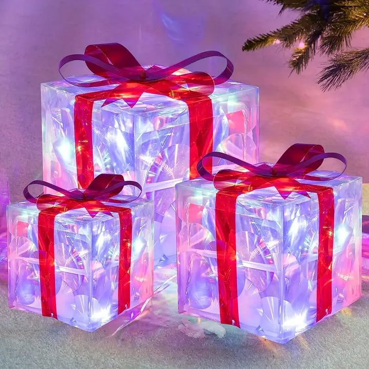 BowLift | GlowBox LED Gift Boxes – Set of 3 Illuminated Christmas Gifts for Indoor and Outdoor