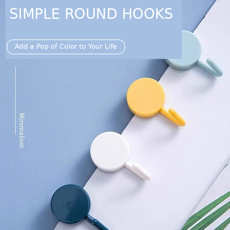 Round adhesive wall hook with removable strong-hold adhesive and curved J-hook Bowlift