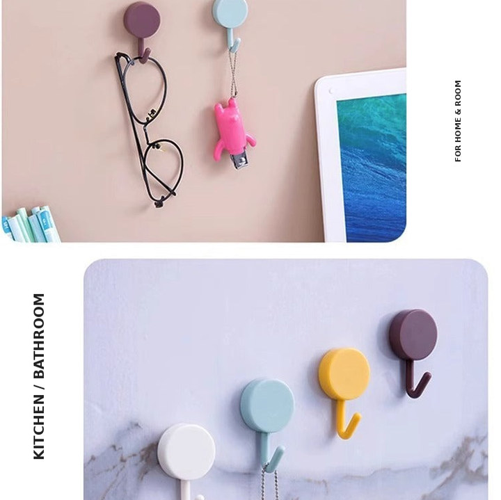 Round adhesive wall hook with removable strong-hold adhesive and curved J-hook Bowlift