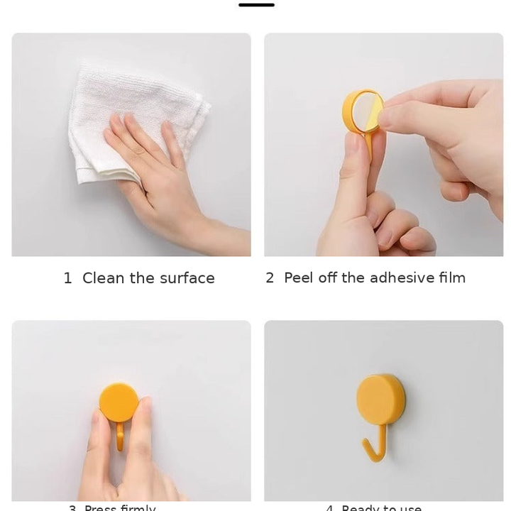 Round adhesive wall hook with removable strong-hold adhesive and curved J-hook Bowlift