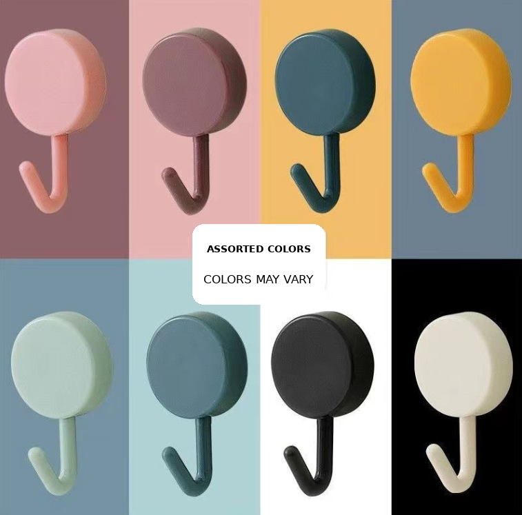 Round adhesive wall hook with removable strong-hold adhesive and curved J-hook Bowlift