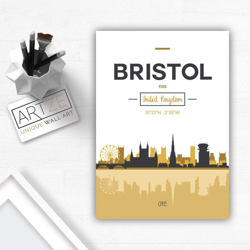 BRISTOL Skyline, Bristol city view England, Yellow and Grey art print wall art PRINT poster artwork home decor | Bowlift