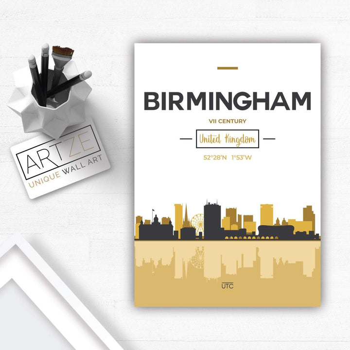 Birmingham Skyline City View England, Yellow and Gray Art Print | Bowlift