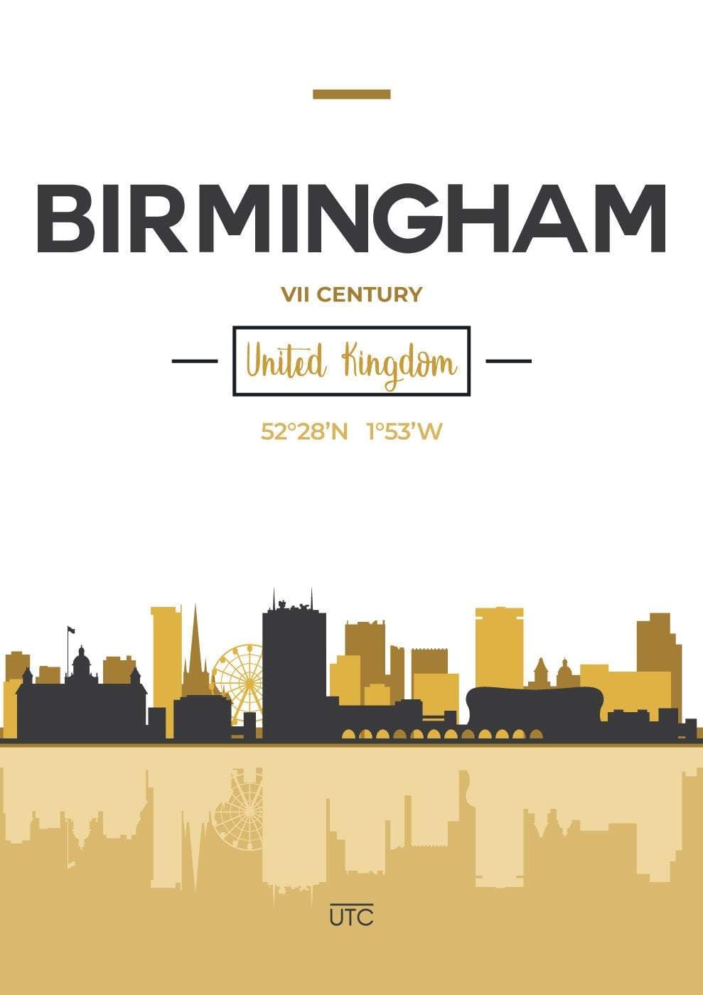 Birmingham Skyline City View England, Yellow and Gray Art Print | Bowlift