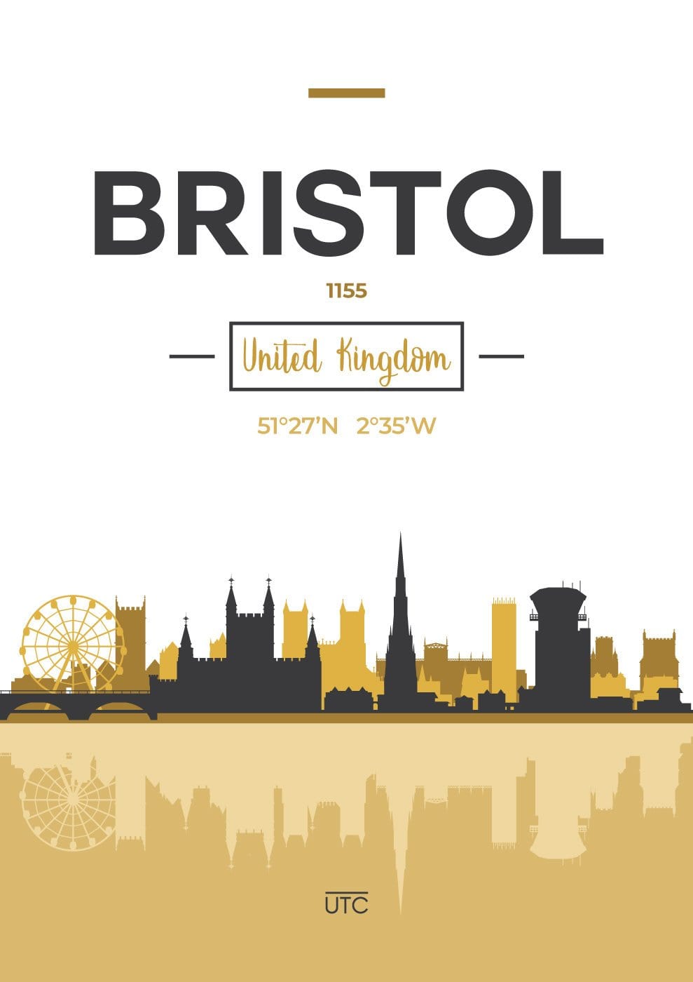 BRISTOL Skyline, Bristol city view England, Yellow and Grey art print wall art PRINT poster artwork home decor | Bowlift
