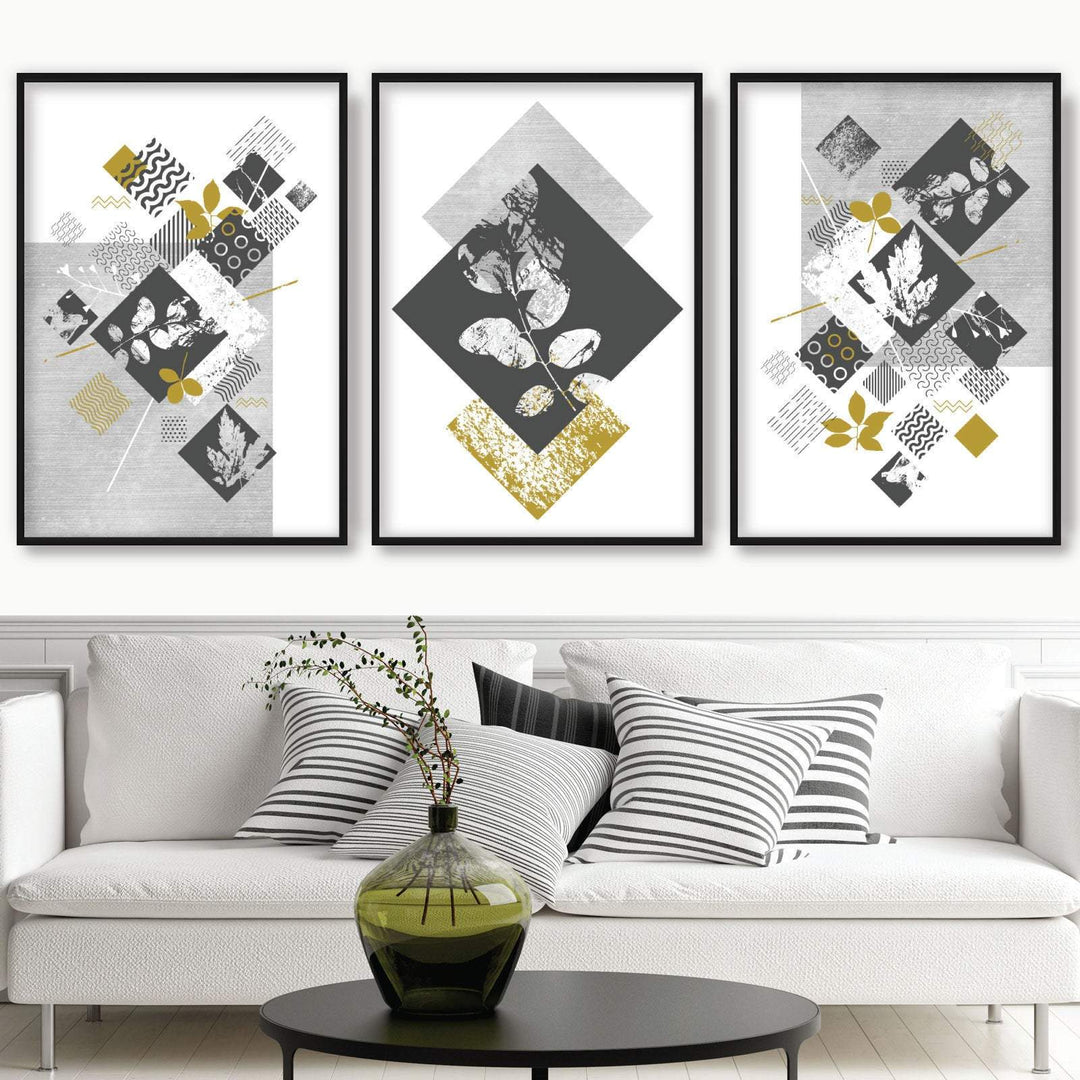 BOTANICAL Set of 3 abstract GEOMETRIC grey and mustard floral prints | Bowlift