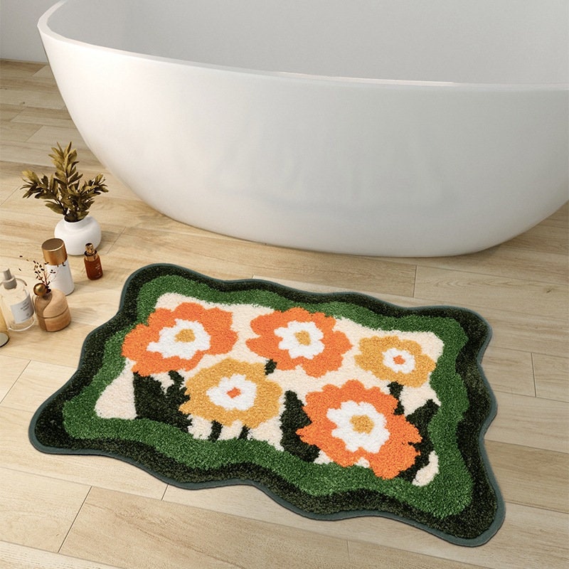 BowLift | Colorful Flower Bathroom Mat, Orange Flora Soft Bathroom Rug, Woven Bath Mat, Purple Tulip Water-Absorbent Non-Slip Bath Mat