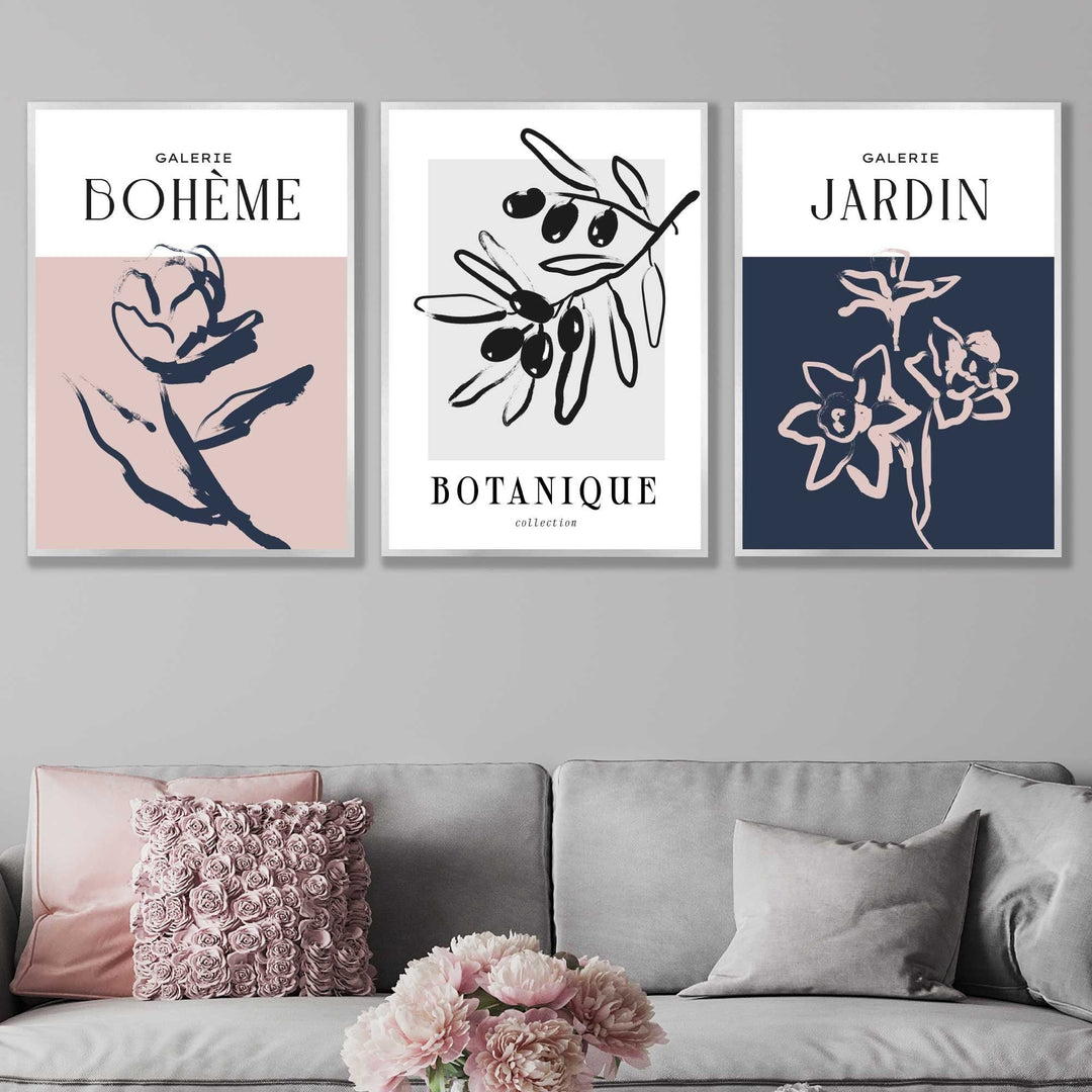 Boho Botanical Wall Art, Set of 3, Sketch of Leaves and Flowers in Blush Pink, Navy Blue and Gray | Bowlift