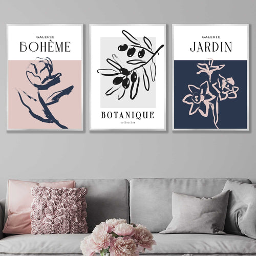 Boho Botanical Wall Art, Set of 3, Sketch of Leaves and Flowers in Blush Pink, Navy Blue and Gray | Bowlift