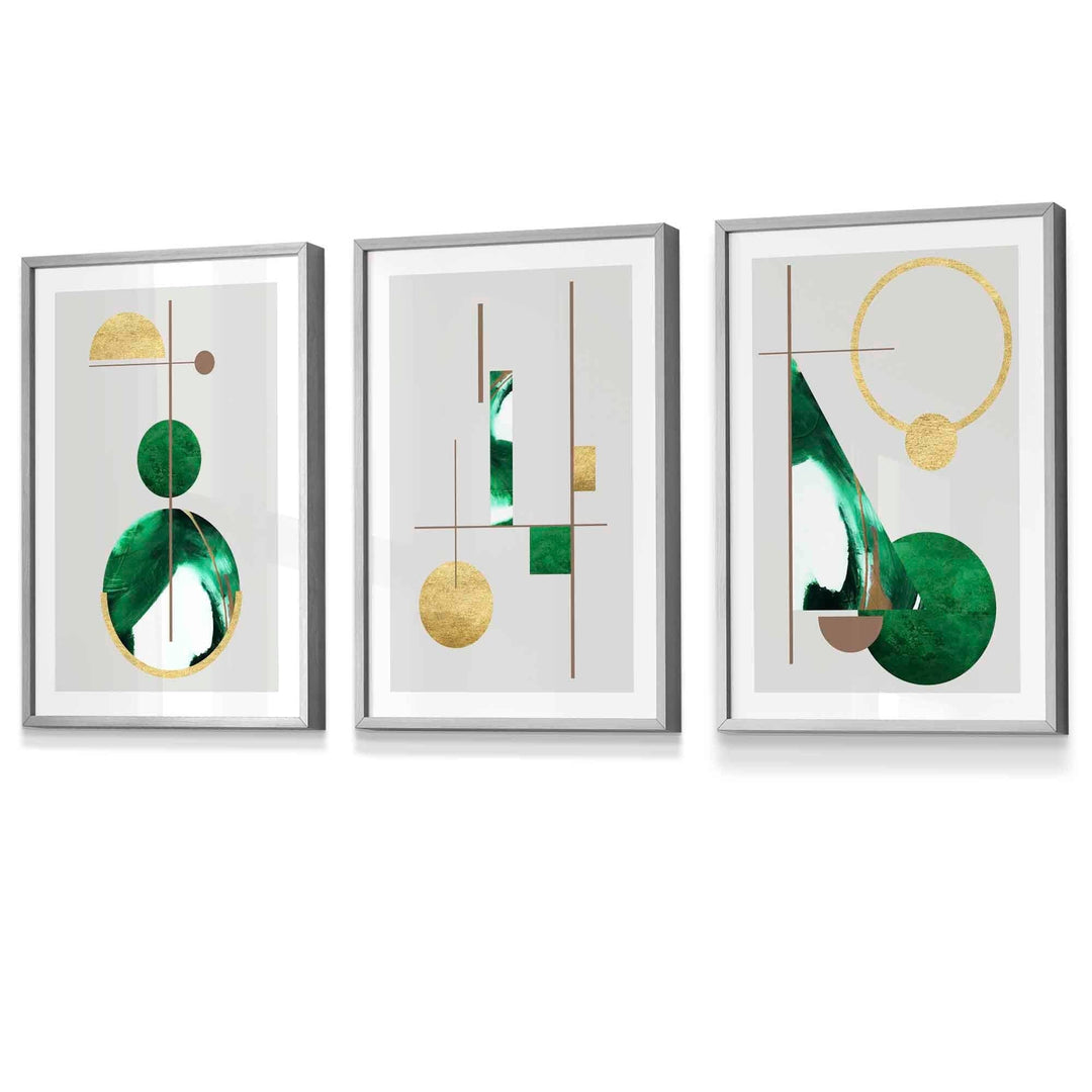 Abstract Textured Geometric Mid Century Modern FRAMED Art in Green and Gold | Bowlift