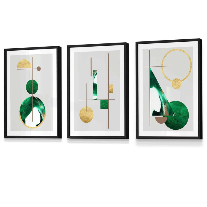 Abstract Textured Geometric Mid Century Modern FRAMED Art in Green and Gold | Bowlift