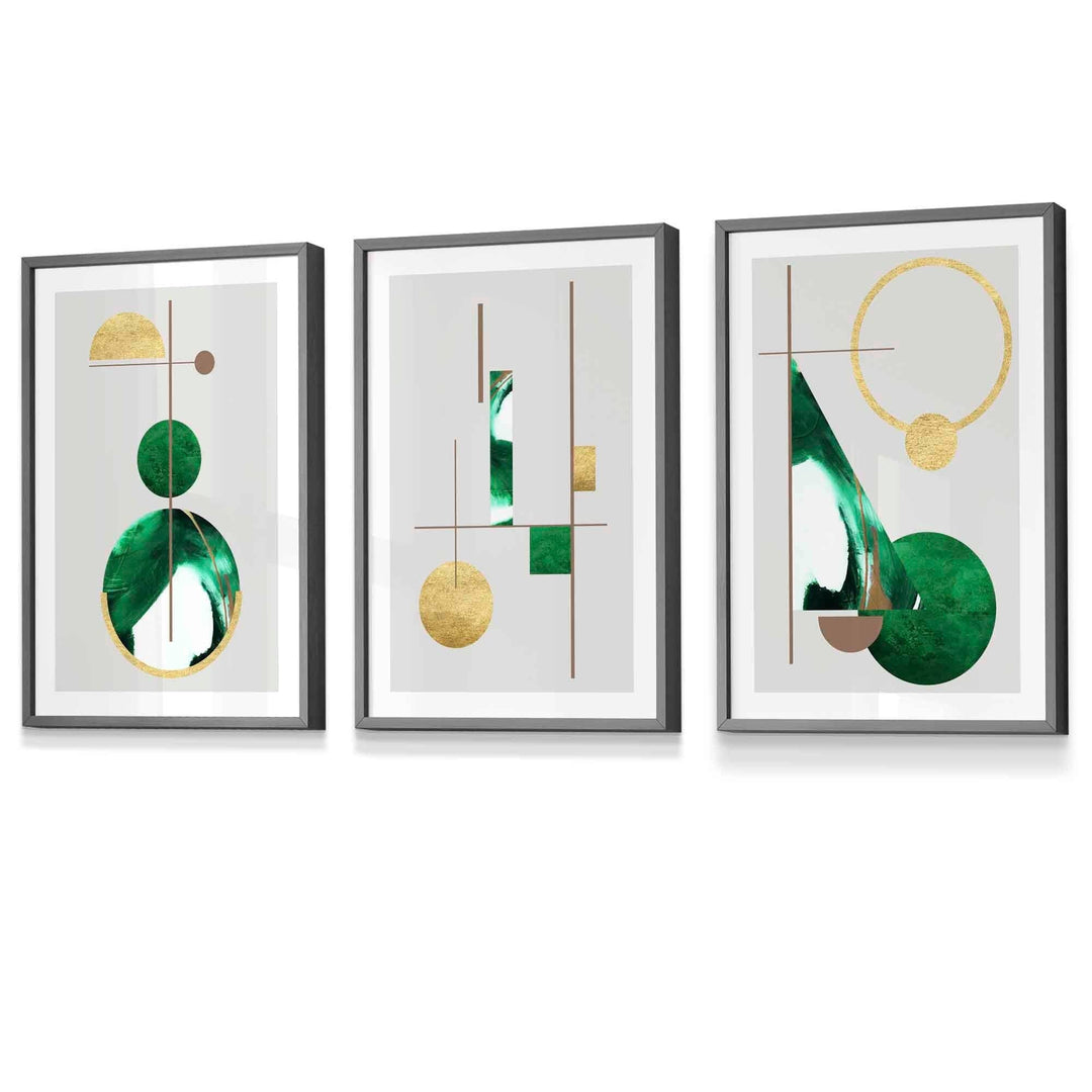 Abstract Textured Geometric Mid Century Modern FRAMED Art in Green and Gold | Bowlift