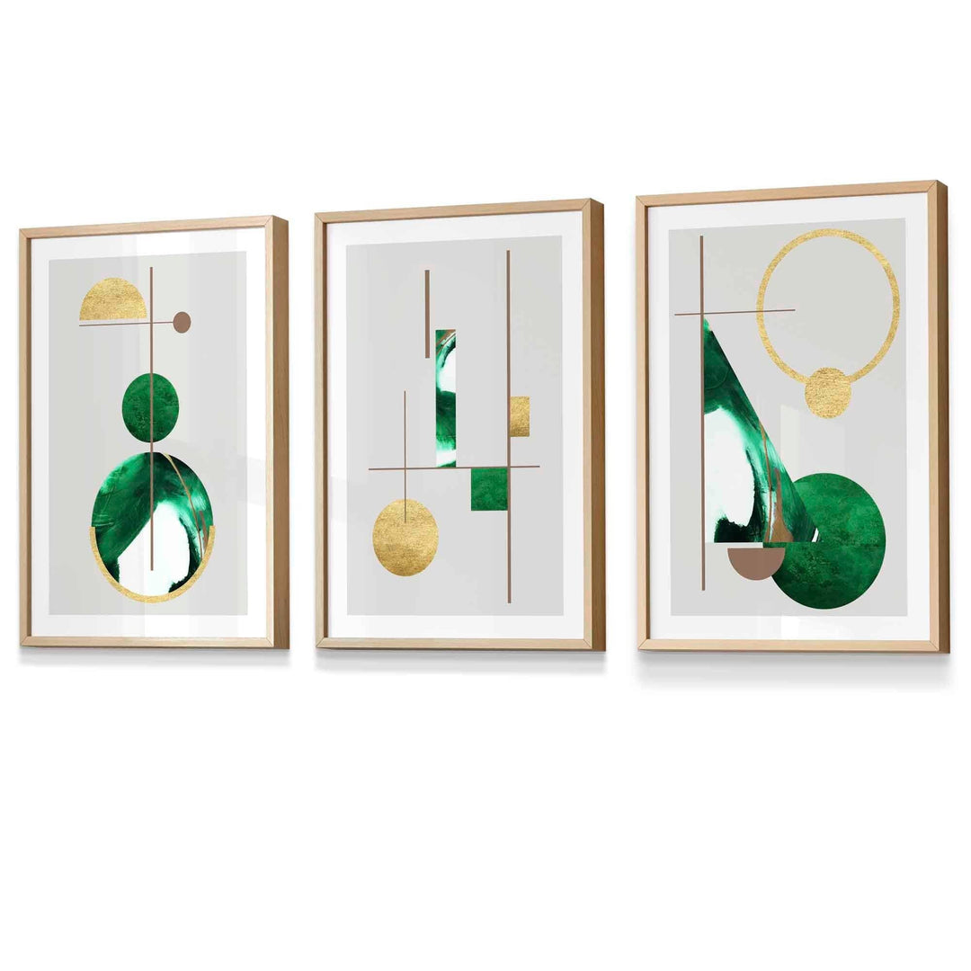 Abstract Textured Geometric Mid Century Modern FRAMED Art in Green and Gold | Bowlift