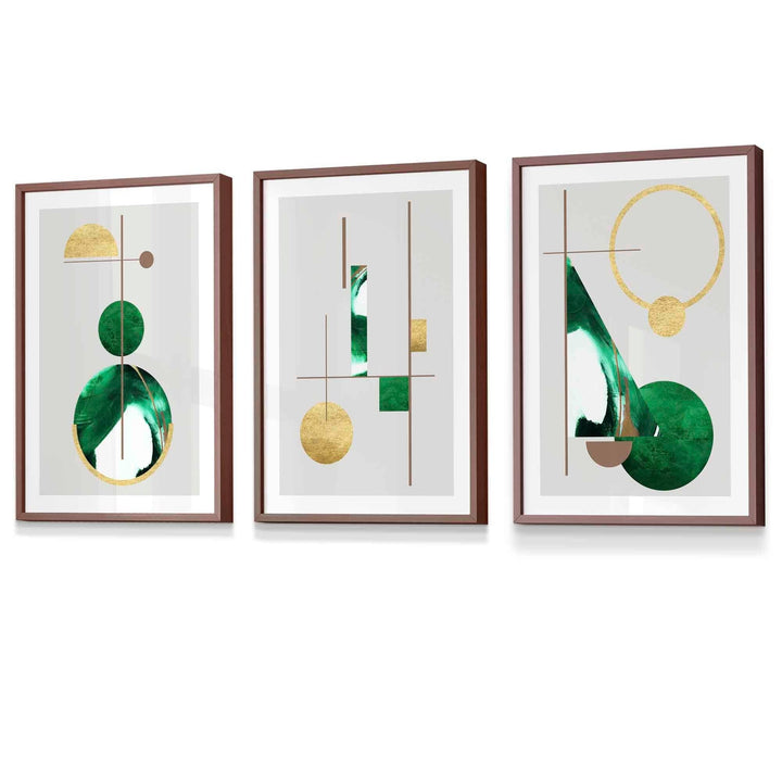 Abstract Textured Geometric Mid Century Modern FRAMED Art in Green and Gold | Bowlift
