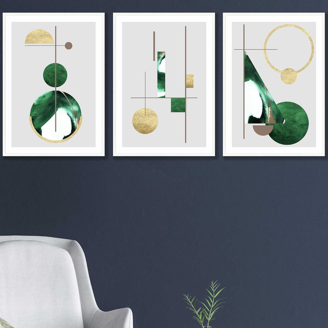 Abstract Textured Geometric Mid Century Modern FRAMED Art in Green and Gold | Bowlift