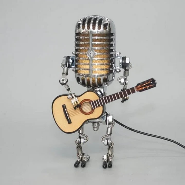 BowLift | Industrial Style Robot Lamp with Guitar and Vintage Microphone Design