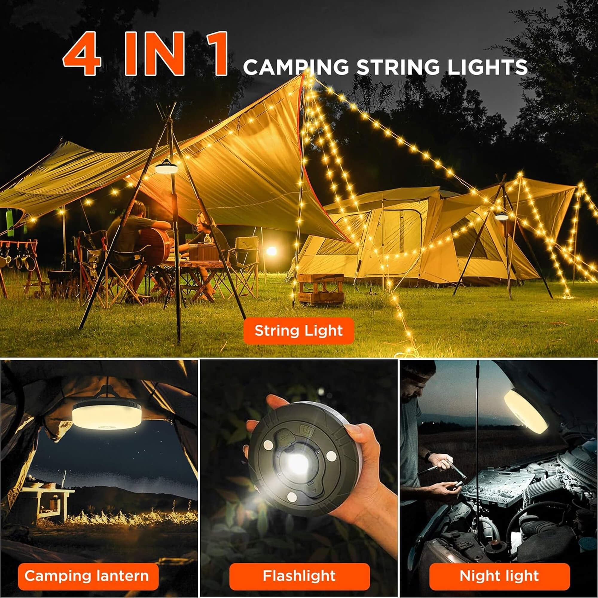 BowLift | 4 in 1 Camp Light – Portable Camping Lantern, String Lights with 8 Lighting Modes, Rechargeable Power Bank for Outdoor Adventures