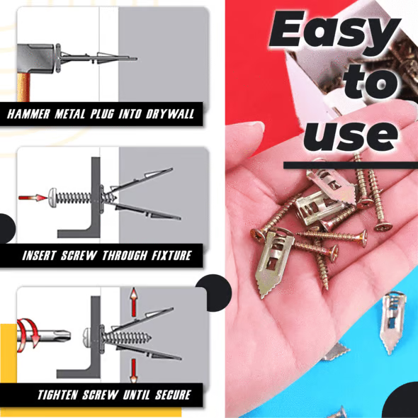 BowLift | Drywall Anchor Screws | No-Drill Expansion Lock | Heavy-Duty Steel | Holds up to 66 lbs