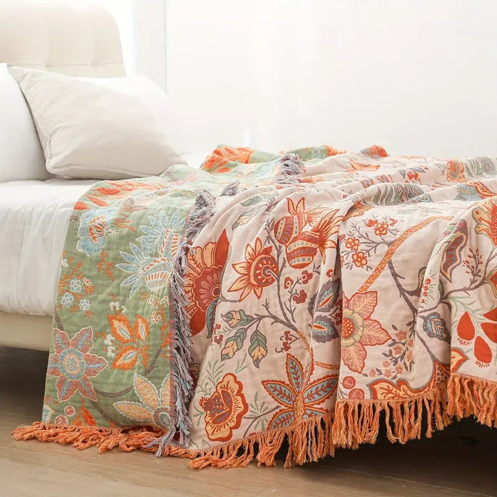 BowLift | Boho Floral Cotton Throw Blanket with Fringe – Cream & Orange