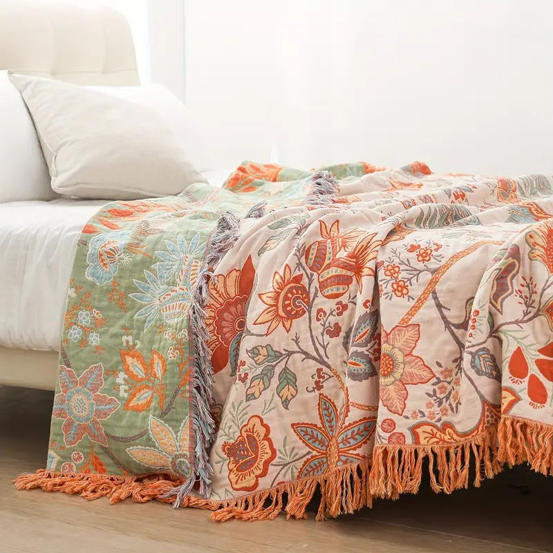 BowLift | Boho Floral Cotton Throw Blanket with Fringe – Cream & Orange