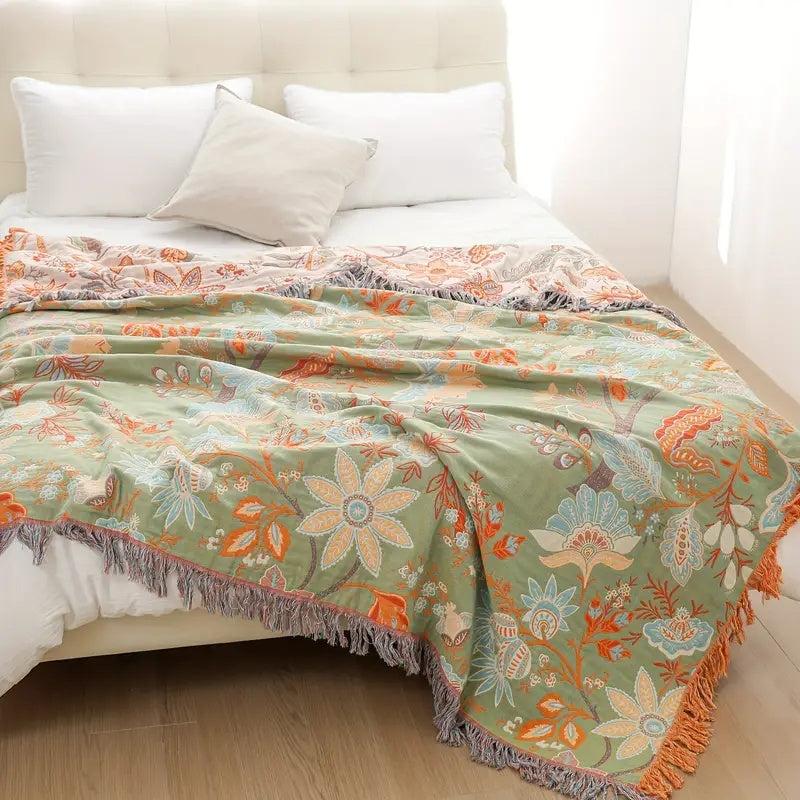 BowLift | Boho Floral Cotton Throw Blanket with Fringe – Cream & Orange