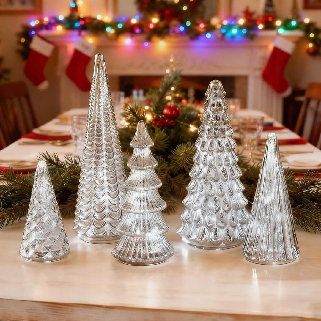BowLift | GlansPine LED Pine Set – 5-piece Silver Christmas Decoration with Warm Light