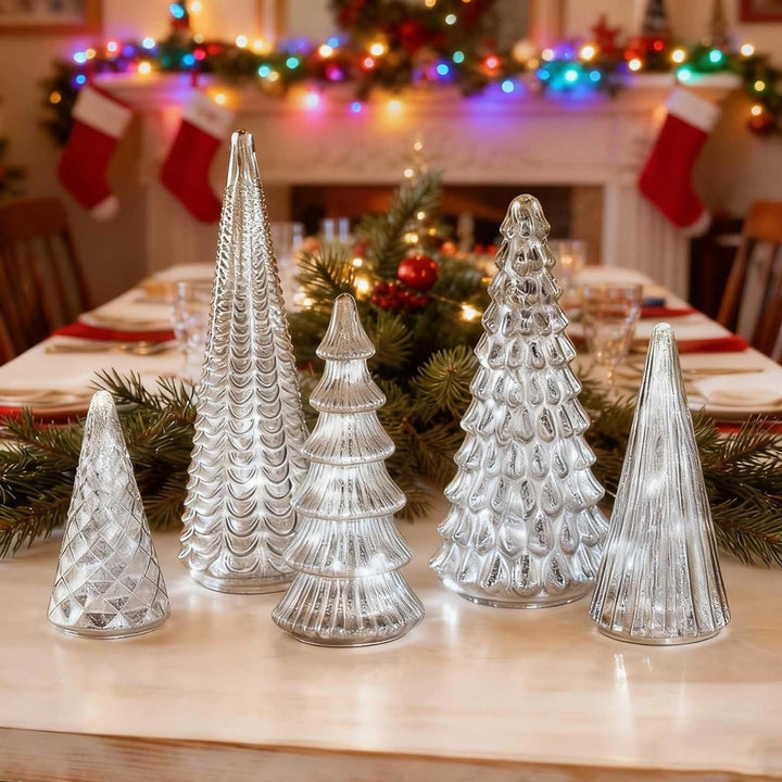 BowLift | GlansPine LED Pine Set – 5-piece Silver Christmas Decoration with Warm Light